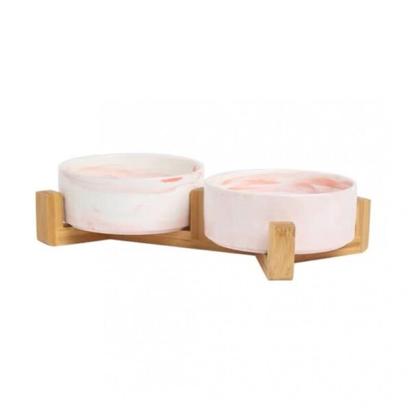 PTC Marble Double Ceramic Bowl With Wooden Stand Medium Pink(850ml)
